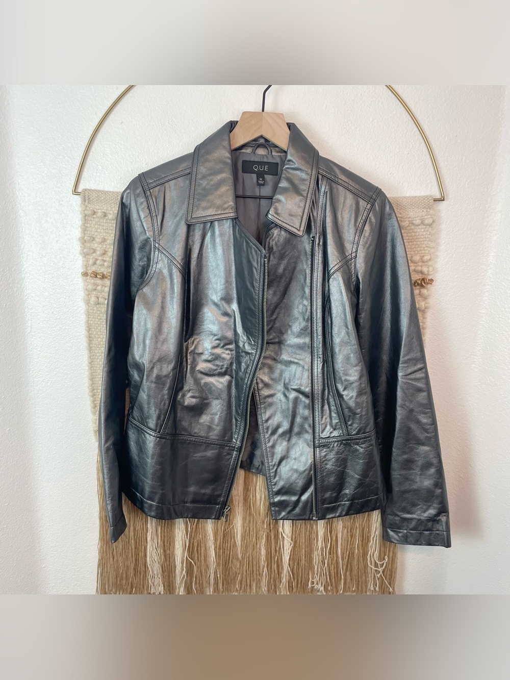 Que Metallic Graphite Genuine Leather Moto-Style Jacket M
